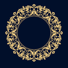 Decorative frame Elegant vector element for design in Eastern style, place for text. Floral golden and dark blue border. Lace illustration for invitations and greeting cards