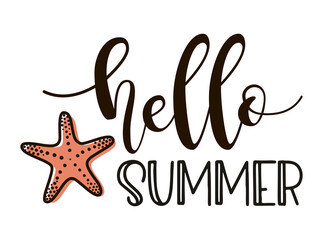 Hello Summer Lettering with starfish. Vector Illustration
