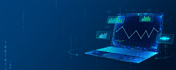 Data analyst consolidating financial information and reports on computer. Financial data management, financial software, digital data report concept. Polygonal illustration.