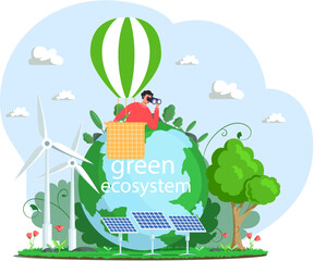 Man with binoculars flies in hot air balloon and looks at alternative sources of energy, solar panels, wind turbine. Green electricity production. Creation of environmentally friendly energy