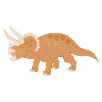 Funny vector flat dinosaur in cartoon style. Dinosaur Triceratops. Illustration for children's encyclopedias and materials about dinosaurs. Ancient animals. Triceratops on a white background.