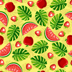 Seamless summer pattern. Monstera, strawberry, apple on yellow background.