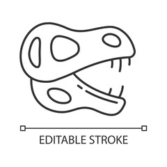 Dinosaur skeleton linear icon. Prehistoric life evidence. Body fossils. Prehistoric animal. Thin line customizable illustration. Contour symbol. Vector isolated outline drawing. Editable stroke