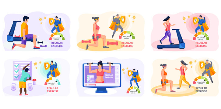 Set of illustrations about regular exercises. Characters are doing sports. People exercising with equipment. Athletes, powerlifters poster vector illustration. Immunity level increases due to sports
