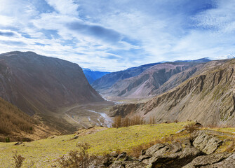 Beautiful landscape with Chulyshman gorge in Altai Republic. Natural environment valley and high mountains