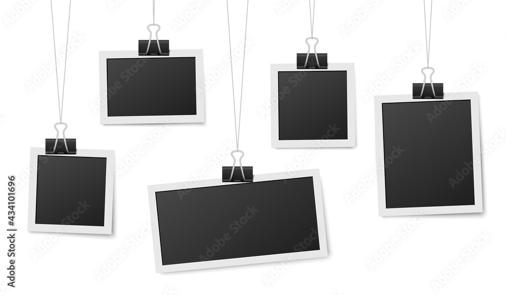 Wall mural frames hang on clips. photo frame hanging, photos clothespin and rope. retro blank templates for pho - Wall murals