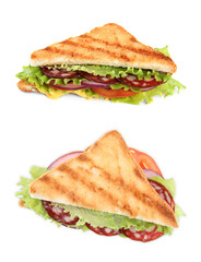Delicious sandwiches with salami on white background, collage