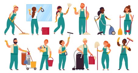 Cleaning service characters. Person uniform, cleaner employee with bucket. Cleaners team, people vacuuming washing. Housekeeper decent vector set