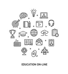 Education Online Sign Round Design Template Thin Line Icon Banner. Vector