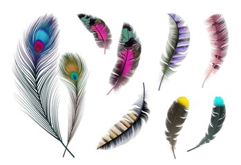 Bright feathers. Neon color decorative feather, peacock accessory. Realistic flying elements isolated vector set