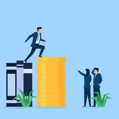 Fototapeta premium Businessman jump from books to coin stacks