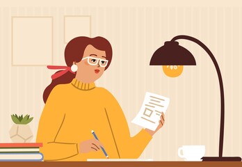 Girl diary. Woman write journal, journalist or teacher. Student studying with abstract or draws in cute paper notebook. Vector female character illustration