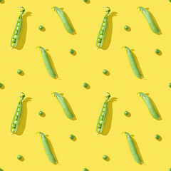Ripe pod of green pea with small round peas on yellow background. Creative pattern.