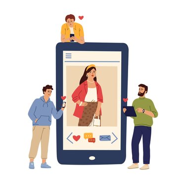 Social media relationship. Casual girl photo on phone screen. Men in love online. Liked woman, guy with smartphone and tablet vector concept