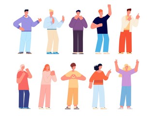 Different emotional characters. Sad happy woman, emotions and gestures. Feeling, face expression people. Joy angry human utter vector set