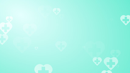 Medical health green blue cross on hearts pattern background. Abstract healthcare technology and science concept.