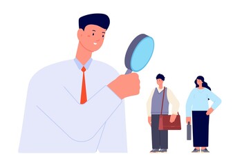 Candidate search. Find professionals, look in magnifier for searching workers. Businessman or hr manager hire talent. Utter vector hiring concept