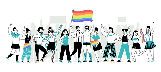 Pride parade. Young people, lgbt homosexual community hold rainbow banner. Lgbtq person, gay lesbian transgender. Couple love decent vector group