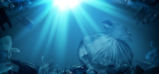 creative background of plastic garbage bag and other stuff floating in sea or ocean with rays of sunlight effect, polyethylene terephthalate plastic, concept of environmental pollution, climate change