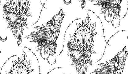 Vector beautiful seamless pattern. Romantic elegant endless background with hand drawn totem walf heads,