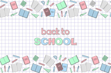 Back to school hand lettering, border of school supplies and office stationary stickers and patches on a notebook sheet in a cell. Vector design template for invitation, banner, poster. Knowledge Day