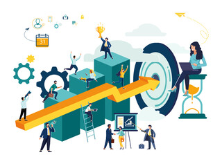 Vector illustration, people running to their goal on a column of columns, moving up motivation, the path to the goal. Business growth chart.Flat design teamwork, collaboration, partnership development