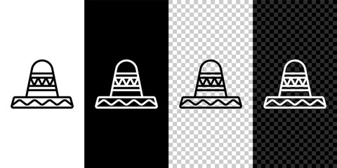 Naklejka premium Set line Traditional mexican sombrero hat icon isolated on black and white, transparent background. Vector
