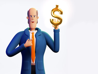 Happy, successful businessman holds Golden Dollar sign. 3D render illustration. Business, banking, consulting, business start up concept