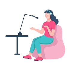 Fototapeta premium A young woman is recording a podcast in the studio. The concept of a podcast, radio show, audiobook. Flat cartoon vector illustration.
