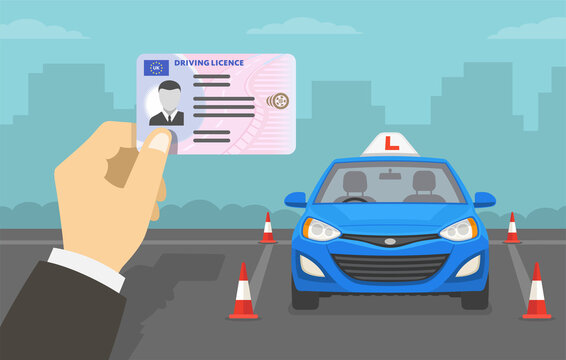 Hand holding a United Kingdom car driver license identification. Blue right-hand driving vehicle with red L plate on a roof. Flat vector illustration template.