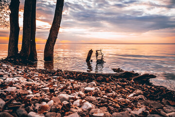 Beautiful view during the evening sunset over the river. Natural landscape