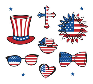 The set of stickers for Independence Day America. Hand-drawn collection for 4th of July