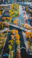 Aerial photography, canal Lachine in Montreal during autumn, reflection, colors