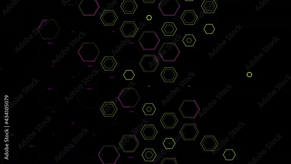 Poster movement of a wall of hexagons in waves up and down, which creates green self-luminous hexagons. abs
