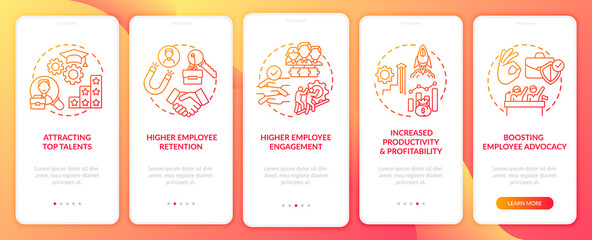 Business culture benefits onboarding mobile app page screen with concepts. Attracting top talents walkthrough 5 steps graphic instructions. UI, UX, GUI vector template with linear color illustrations