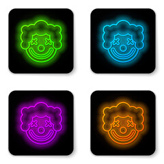 Glowing neon line Clown head icon isolated on white background. Black square button. Vector