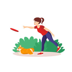 Vector illustration in cartoon style isolated on white background. Girl throwing a frisbey to her pet. Playing Fetch with welsh corgi. Retrieve command	
