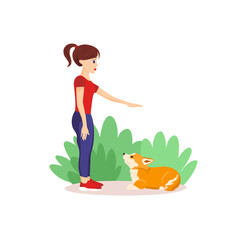 Vector illustration in cartoon style isolated on white background. Woman training welsh corgi outdoors. Down command