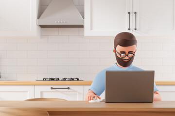 Cartoon beard character man in glasses watching online master class at white home kitchen with laptop. Quarantine pandemic and distance work concept.