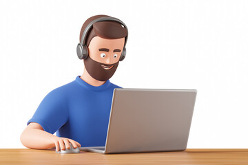 Happy cartoon character man in headphones work with laptop on the wooden table isolated over white background. Online business and education concept.