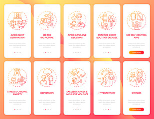 Self control red onboarding mobile app page screen with concepts set. Time management walkthrough 5 steps graphic instructions. UI, UX, GUI vector template with linear color illustrations collection