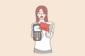 Electronic payment and technologies concept. Portrait of smiling attractive pretty cheerful girl using card reader commerce retail service processing payment vector illustration 