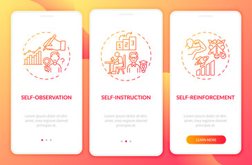 Fototapeta na wymiar Self-control techniques red onboarding mobile app page screen with concepts. Personal development walkthrough 3 steps graphic instructions. UI, UX, GUI vector template with linear color illustrations