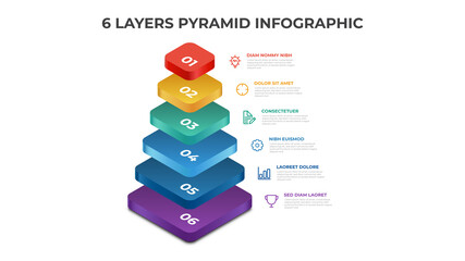 pyramid infographic template with 6 layers, list, options, steps, layout vector.