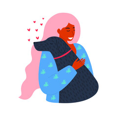 Flat vector cartoon illustration of a dark-skinned woman hugging a dog. The concept of warmth and love for animals. Isolated design on a white background.