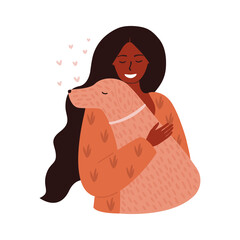 Flat vector cartoon illustration of an African-American woman hugging a dog. The concept of warmth and love for animals. Isolated design on a white background.