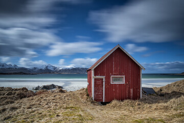 Fototapeta na wymiar red hut at the beach, lofoten