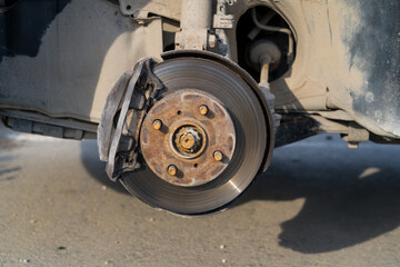 rusty car disc brake without wheel