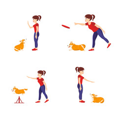 Girl training her welsh corgi pet teaching different commands. Set of vector illustrations isolated on white. Sit, Down, Retrieve, Jump