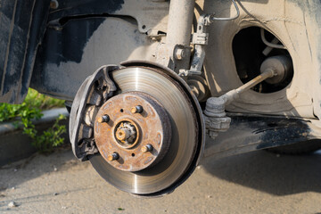 rusty car disc brake without wheel